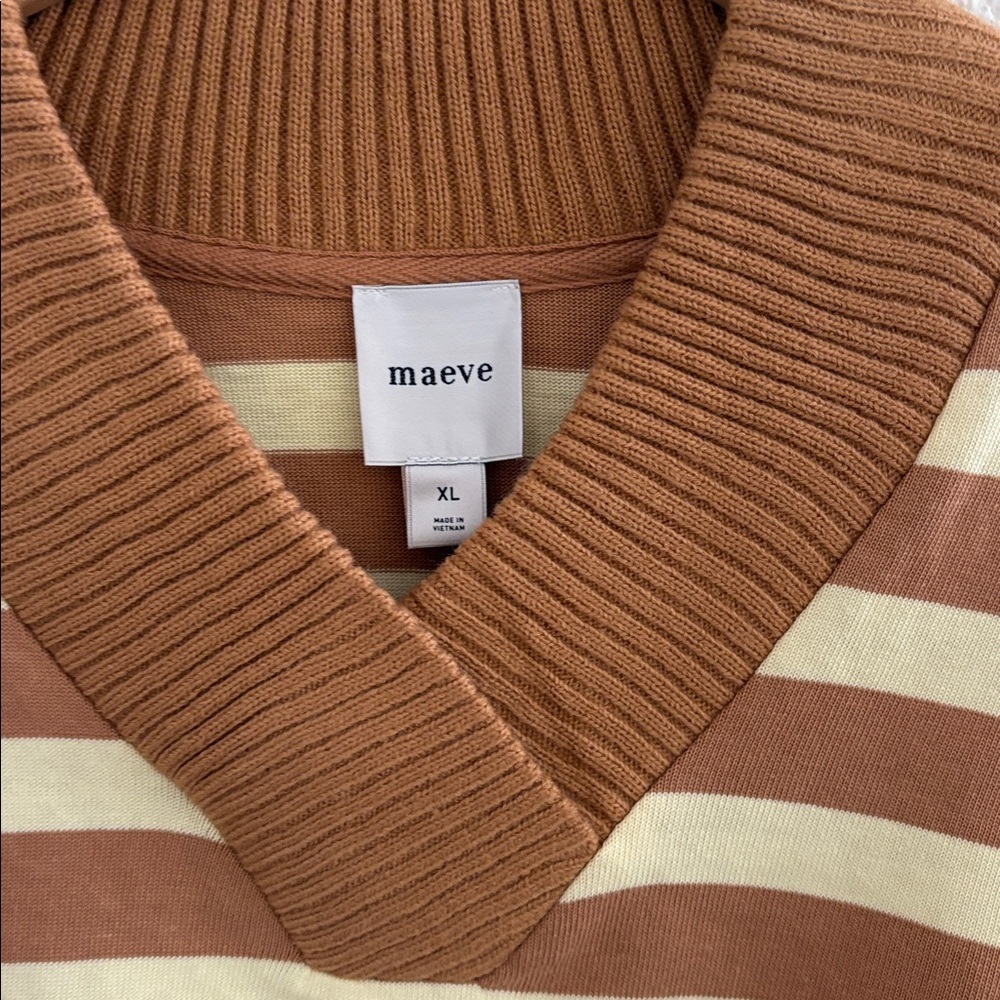 Maeve Cream and Camel Striped V-Neck Sweater Top - Picture 4 of 6